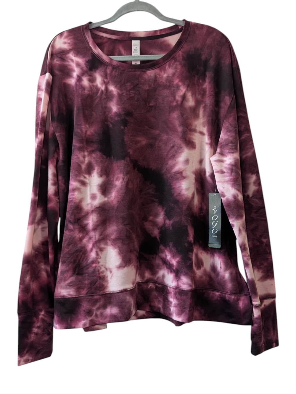 VOGO WOMEN'S BURGUNDY TIE-DYE CREW PULLOVER SWEATSHIRT SIZE 1X
